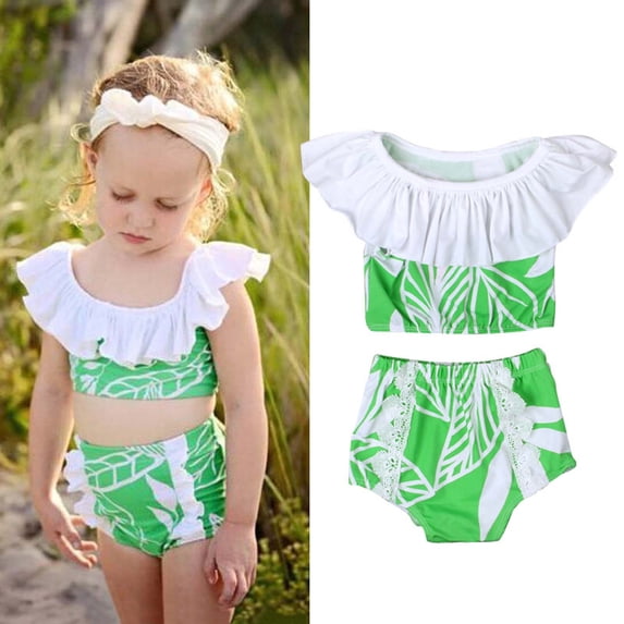 uublik Toddler Girl Swimsuit Two-piece Swimsuit with Ruffled Split Leaf Pattern Green, Sizes 9M-3T
