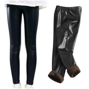 uublik Toddler Girls Leggings Black Winter Warm Leggings Stretch Girls Faux Leather Fleece Pants Thick Trousers, Size 2T-11