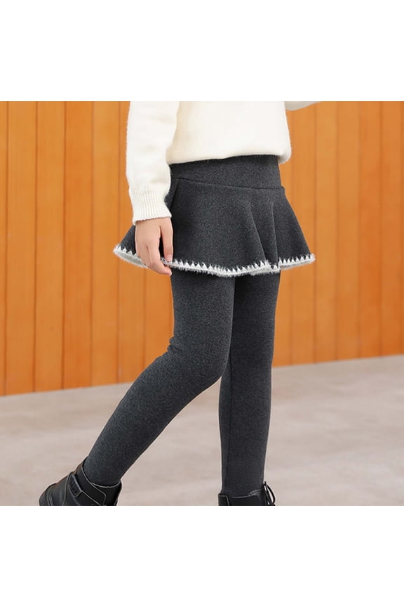 Toddler Girls Leggings with Skirt Dark Gray Cotton Ruffle Skirt Pants Fleece Warm Tutu Leggings for Kids, Size 2T-7
