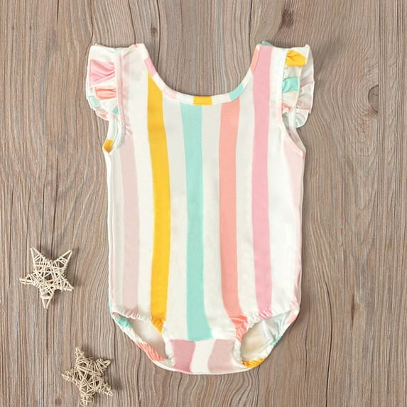 uublik Toddler Swimsuit Summer Striped Off-shoulder Small Flying Sleeve Swimsuit, Sizes 9M-4T