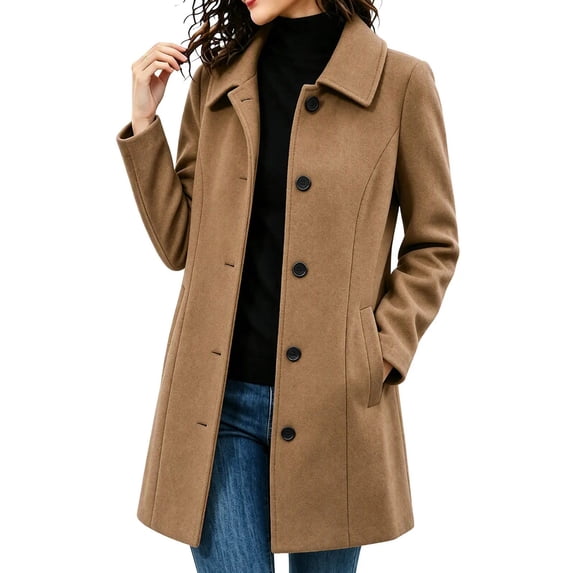 uublik Trench Coat Women Beige Casual Lapel Long Sleeved Button Down Pea Coat with Pockets