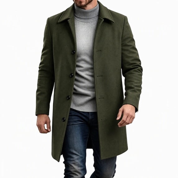 uublik Trench Coat for Men Army Green Long Sleeve Elegant Classic Overcoat Fall Winter Clothing