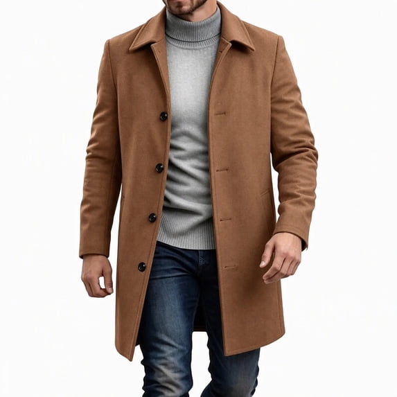 uublik Trench Coat for Men Brown Long Sleeve Elegant Classic Overcoat Fall Winter Clothing