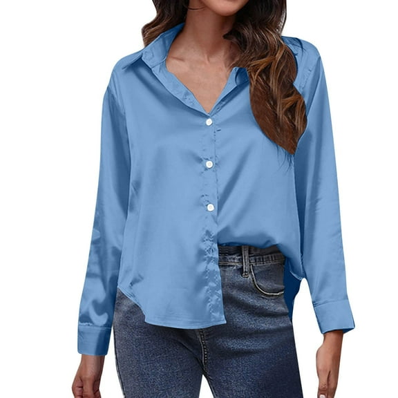 uublik Tshirts for Women Blue Long Sleeve Business Dressy Casual Blouses Collared Work Outfits Clothes