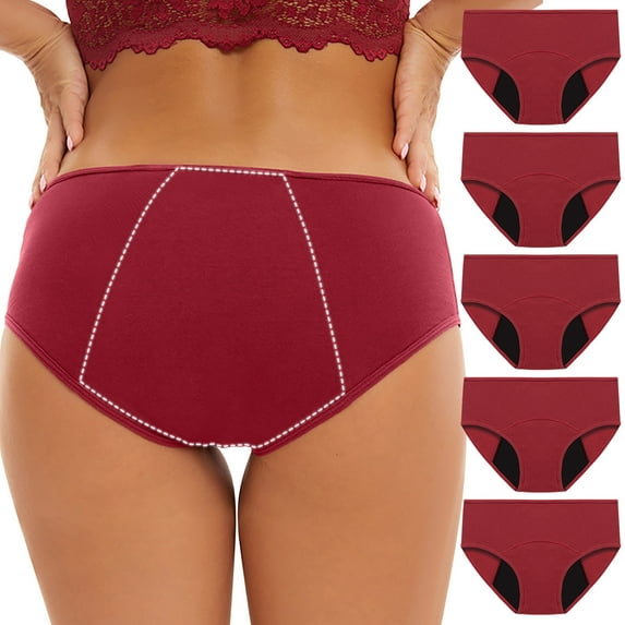 uublik Value 5-Pack, Briefs for Women Leak Proof Cotton Overnight Menstrual Panties Briefs Period Thong Underwear for Women Red
