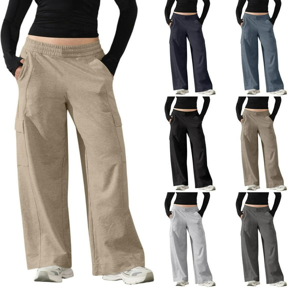 uublik Wide Leg Cargo Pants for Women Beige Elastic High Waisted Pants Wide Leg Baggy Casual Trousers Hiking Streetwear Outfits with Pockets