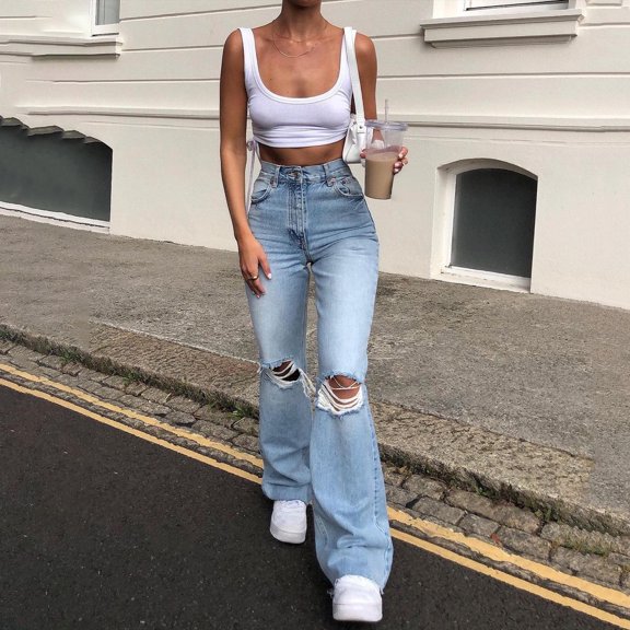 uublik Wide Leg Cropped Jeans for Women High Rise Pull On Ripped Wide Leg Denim Pants