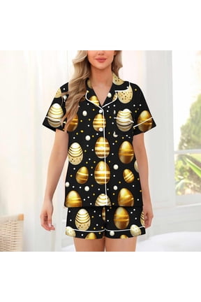 Woman Pajama Set Pjs Matching Lounge Sleepwear Button Down Easter Print Shirt Shorts Gold