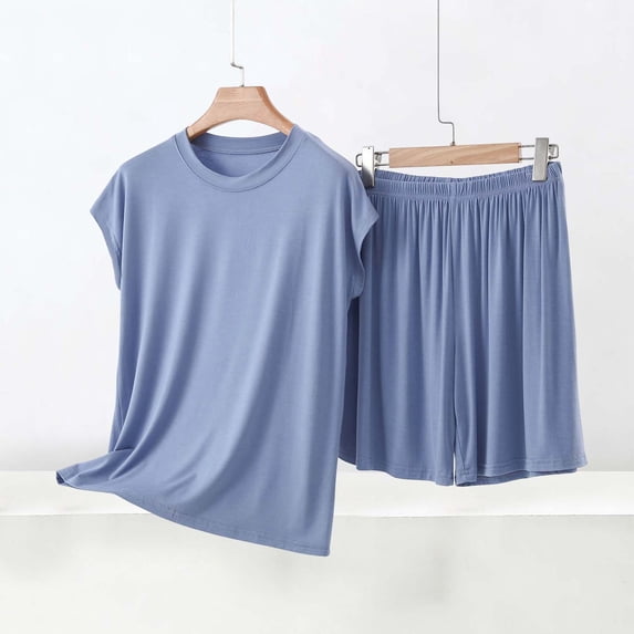 uublik Woman Pajama Set Short Sleeve Top and Shorts Lounge Sleepwear Set with Pockets Silver