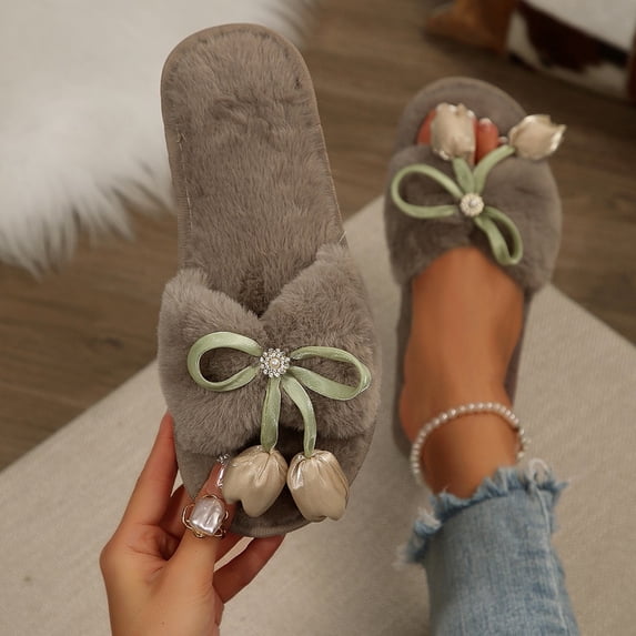 uublik Womans Fuzzy Slippers Memory Foam Open-Toe Slippers Soft Fleece Indoor Shoes Indoor/Outdoor Slippers, Khaki