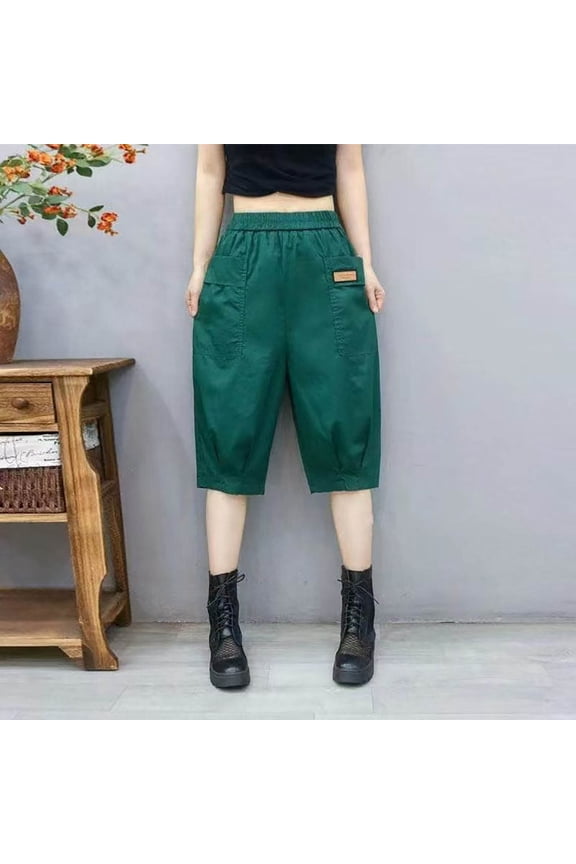 Women Capri Pants Green High Waisted Cropped Stretchy Straight Pants Trousers with Pockets