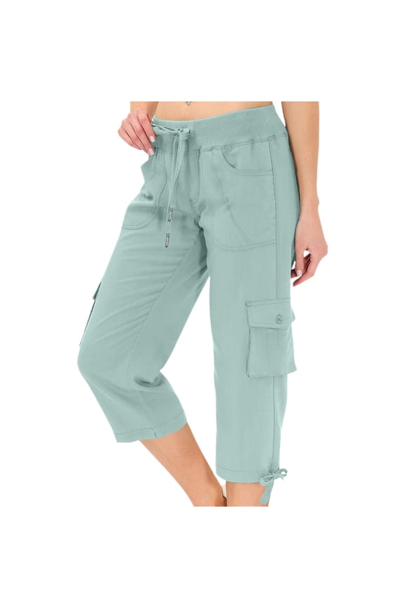 Women Capri Pants Sky Blue Stretch Lightweight Casual Cargo Pants Cropped Trousers Outdoor Clothes