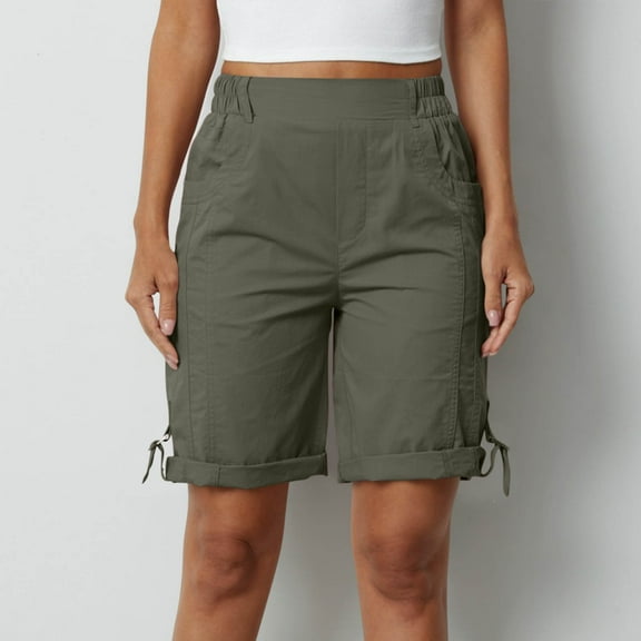 uublik Women Cargo Shorts Bermuda Knee Length Long Hiking Shorts with Pockets Elastic Waist for Summer Casual Trendy Outfits Army Green
