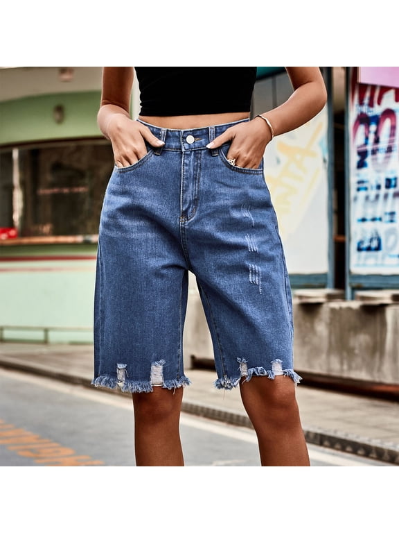 Women Denim Shorts Long Shorts Jorts Cargo Baggy Bermuda Jean Shorts Knee Length Dark Blue, S-2XL