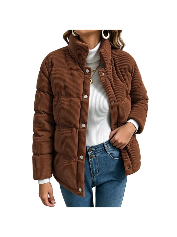 Women Down Jacket Brown Lightweight Winter Warm Quilted Corduroy Jacket with Stand Collar