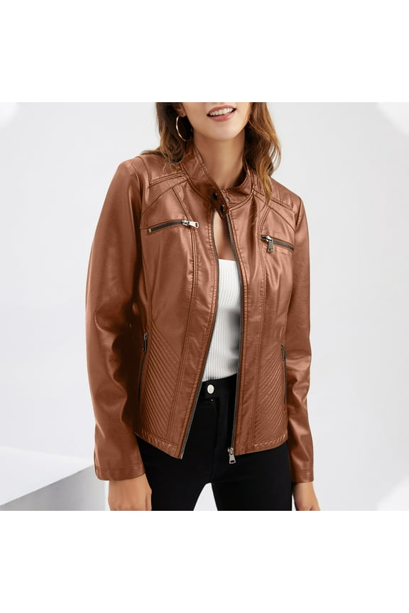 Women Faux Leather Blazer Jackets Bomber Casual Fall Fashion Zip Up Moto Biker Coat Brown