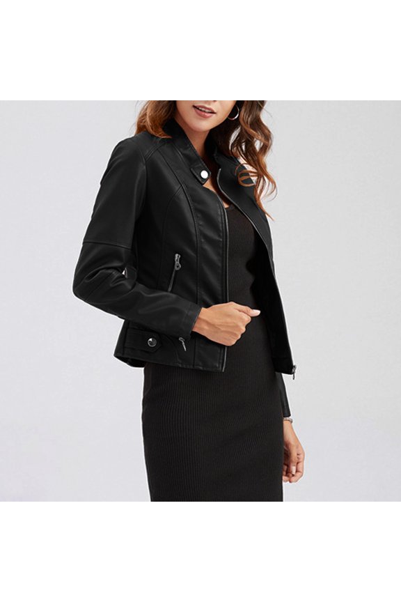 Women Faux Leather Blazer Jackets Spring Fall Clothes Trendy Motorcycle Biker Coat Black