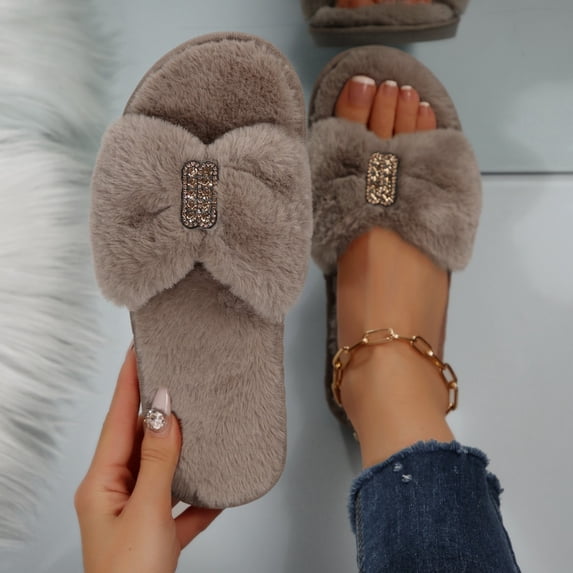 uublik Women Fuzzy Slippers for Home Memory Foam Open-Toe Slippers Soft Fleece Indoor Shoes Indoor/Outdoor Slippers, Khaki