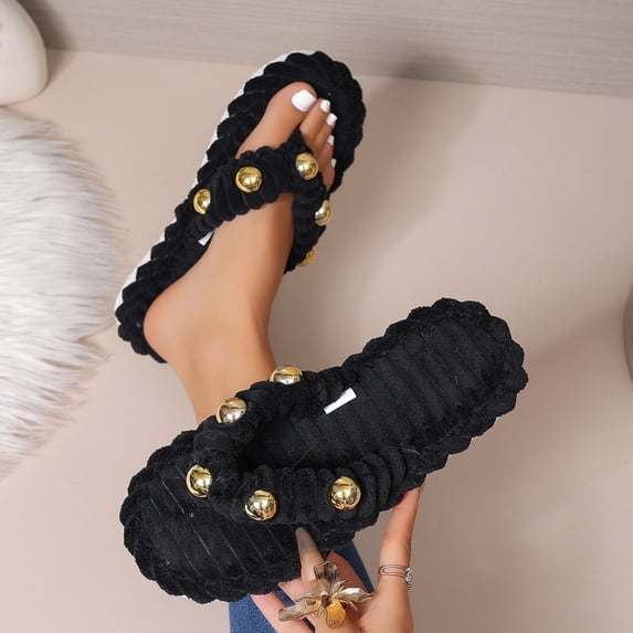 uublik Women House Fuzzy Slippers Cozy Memory Foam House Shoes Soft Faux Fur Lightweight Slippers for Indoor Outdoor, Black