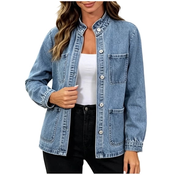 uublik Women Jean Jacket Blue Casual Long Sleeve Button Down Denim Jacket Fall Coat
