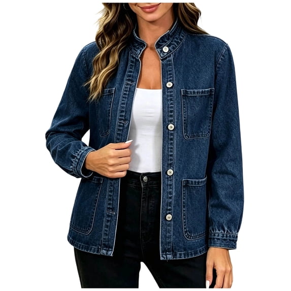 uublik Women Jean Jacket Dark Blue Casual Long Sleeve Button Down Denim Jacket Fall Coat