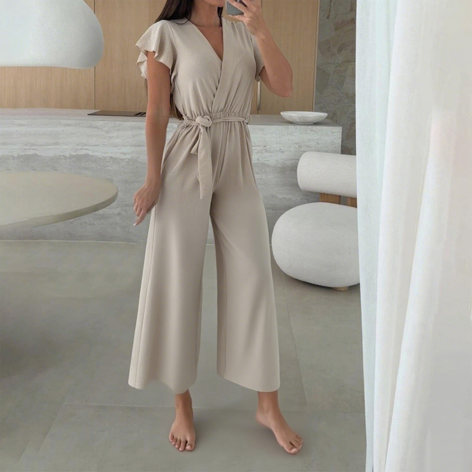 uublik Women Jumpsuit Khaki Elegant Loose Short Sleeve Belted Wide  display picture 1