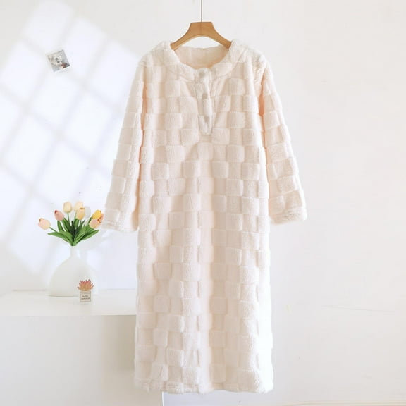 uublik Women Pajama Nightdress Soft Fleece Bathrobes Nightgown Ladies Pajamas Sleepwear Housecoat Beige