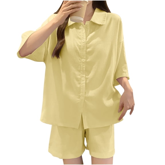 uublik Women Pajamas Short Sleeve Shirt with Short Pajama Pant Set Soft PJ Loungewear