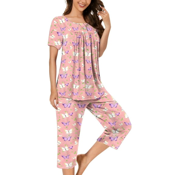 uublik Women Pajamas Short Sleeve Sleepwear Tops and Capri Pants Pjs Print Pajama Sets