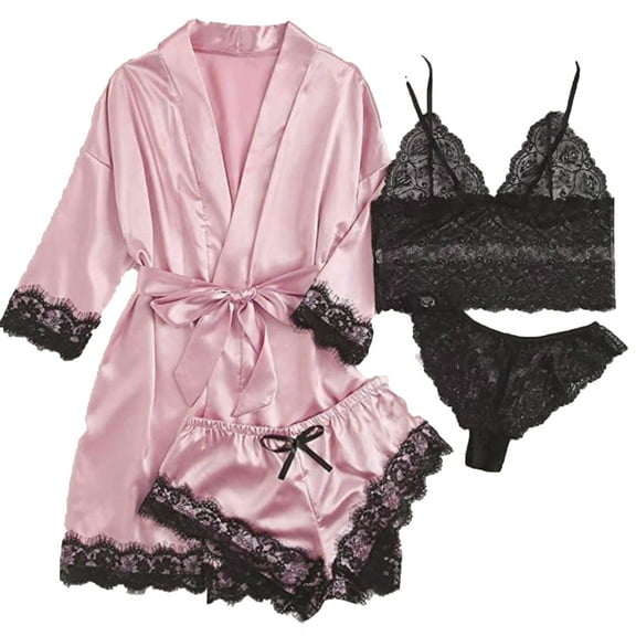 uublik Women Robe Satin Pjs Sets 4Pcs Lace Cami Panties Shorts Sleepwear Summer Cute Loungewear Pink