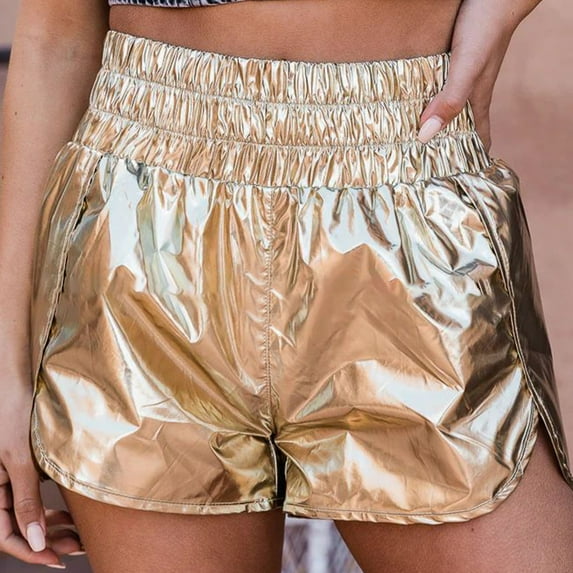 uublik Women Shorts Casual Elastic Waist Metallic Shorts Sparkly Hot Shorts Biker Shorts Women Plus Size Gold XL Summer Savings