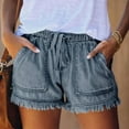 thumbnail image 1 of uublik Women Shorts with Pockets Tassel Super Soft Summer Savings Elastic Elastic Jean Shorts Dark Blue, 1 of 5