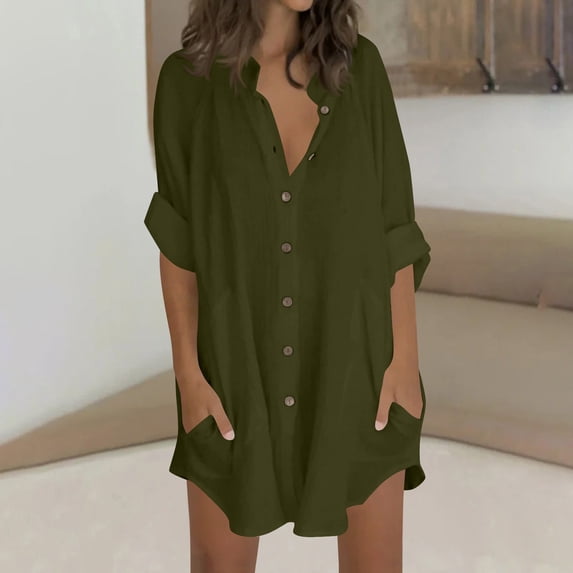 uublik Women T Shirts Army Green 3/4 Length Sleeve Business Work Tops Dressy Casual Loose Blouse Outfits with Pocket