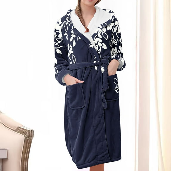 uublik Women's Bathrobe Flannel Robes Casual Long Sleeves Robes Winter Woman Bathrobe Nightwear Blue