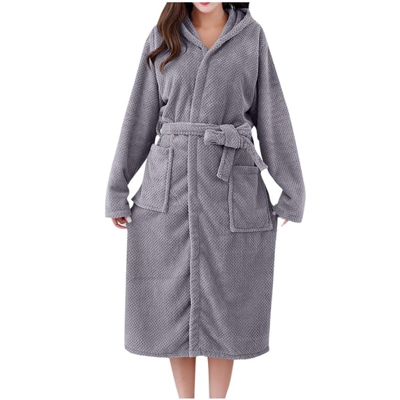 uublik Women's Bathrobe Flannel Robes Casual Long Sleeves Robes Winter Woman Bathrobe Nightwear Gray