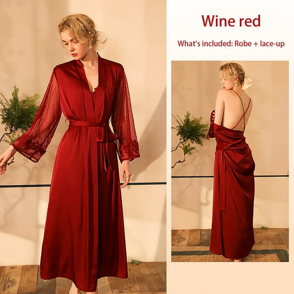 uublik Women's Bathrobe Satin Bride Bridesmaid Robes Wedding Party Sleepwear Loungewear Red