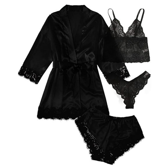 uublik Women's Bathrobe Satin Pjs Sets 4Pcs Lace Cami Panties Shorts Sleepwear Summer Cute Loungewear Black