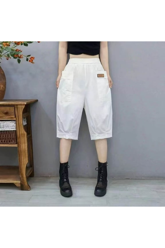 Women's Capri Pants White High Waisted Cropped Stretchy Straight Pants Trousers with Pockets