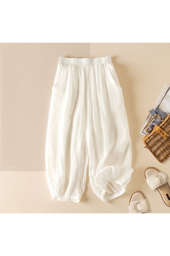 Women's Capris White High Waisted Cropped Stretchy Straight Pants Trousers with Pockets