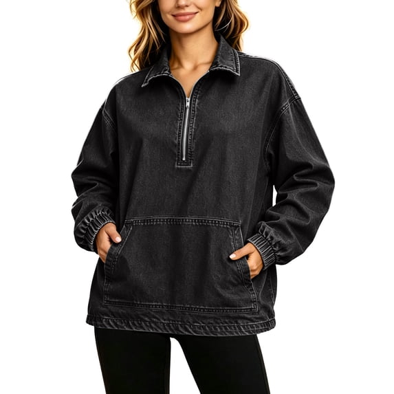 uublik Women's Denim Shirts Black 1/4 Half Zip Pullover Casual Long Sleeve Lightweight Sweatshirts Tops