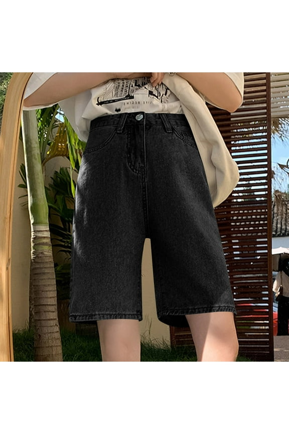 Women's Denim Shorts High Waisted Trendy Long Stretchy Denim Shorts Knee Length Casual Summer Jorts Black