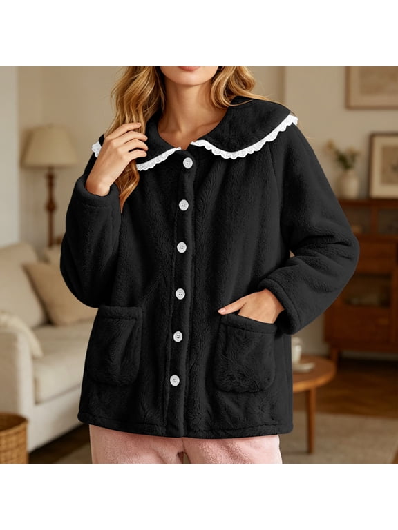 Women's Fleece Bed Jacket with Front Pockets Button Front Cozy Lounge Wear for Sleeping Black