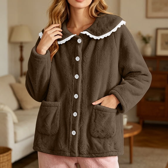 uublik Women's Fleece Bed Jacket with Front Pockets Button Front Cozy Lounge Wear for Sleeping Coffee