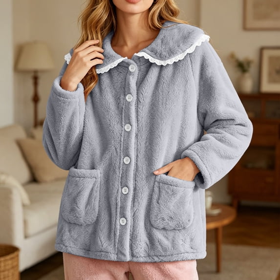 uublik Women's Fleece Bed Jacket with Front Pockets Button Front Cozy Lounge Wear for Sleeping Gray