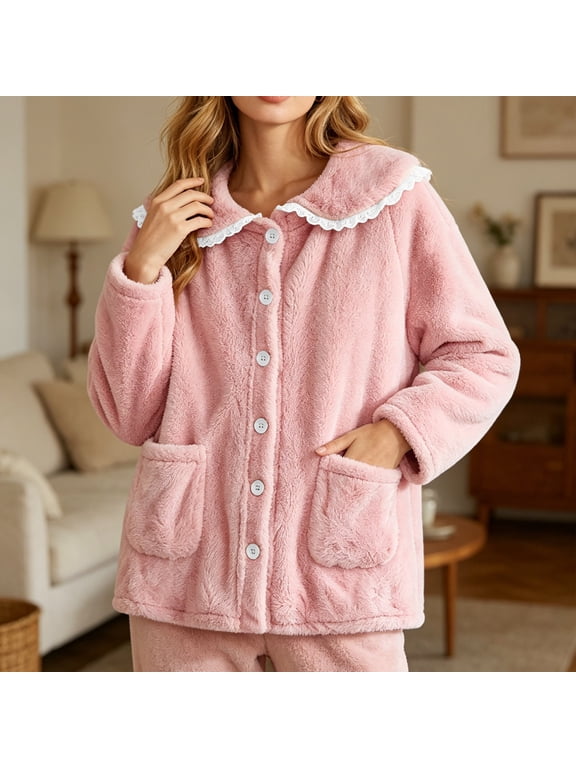 Women's Fleece Bed Jacket with Front Pockets Button Front Cozy Lounge Wear for Sleeping Pink