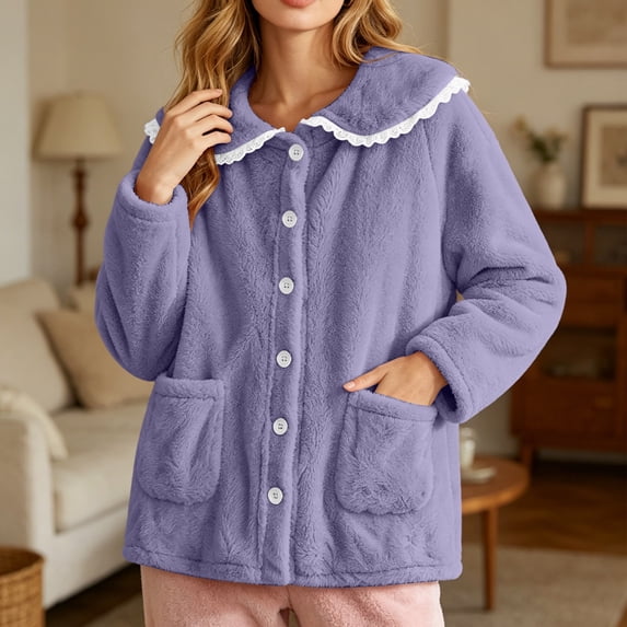 uublik Women's Fleece Bed Jacket with Front Pockets Button Front Cozy Lounge Wear for Sleeping Purple