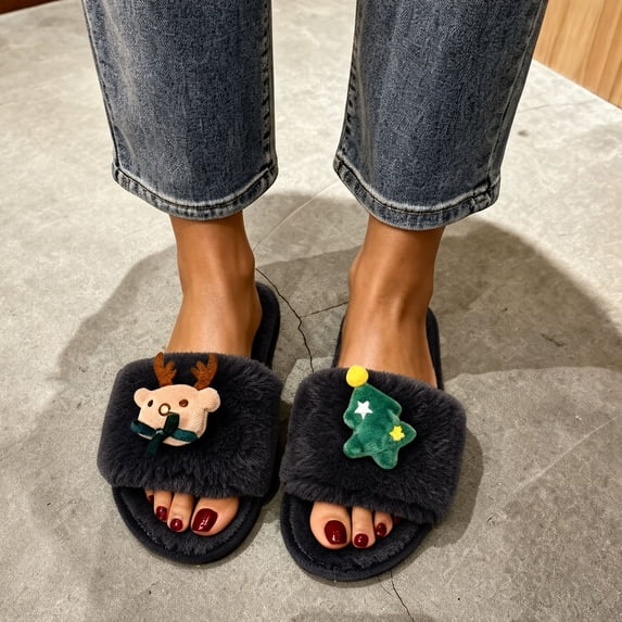 uublik Women's Fuzzy Slippers Cozy Memory Foam House Shoes Soft Faux Fur Lightweight Slippers for Indoor Outdoor, Black