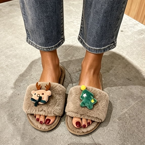 uublik Women's Fuzzy Slippers Cozy Memory Foam House Shoes Soft Faux Fur Lightweight Slippers for Indoor Outdoor, Khaki