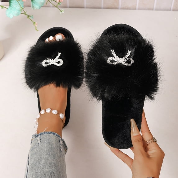 uublik Women's Fuzzy Slippers Cute Bow House Slippers for Women Soft Cozy Indoor Outdoor Lightweight House Shoes, Black