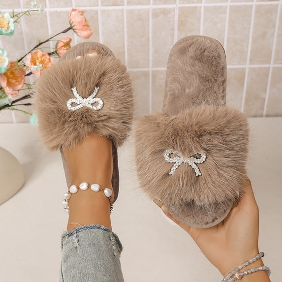 uublik Women's Fuzzy Slippers Cute Bow House Slippers for Women Soft Cozy Indoor Outdoor Lightweight House Shoes, Khaki